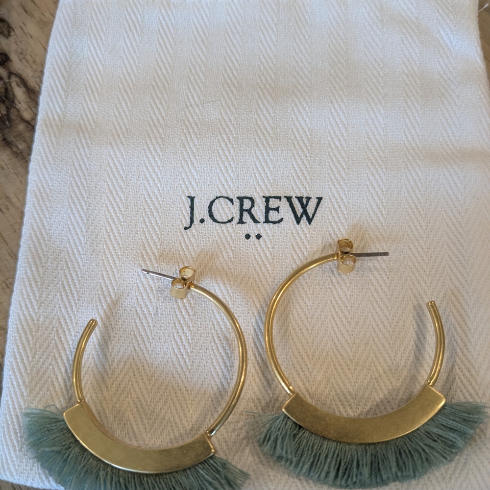 J. Crew Gold and Green Fringe Hoop Earrings